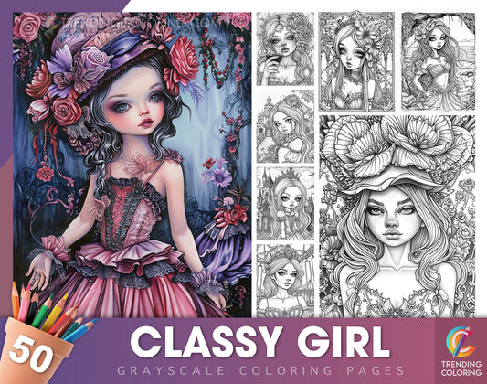 50 Classy Girl Grayscale Coloring Pages - Instant Download - Printable PDF Dark/Light