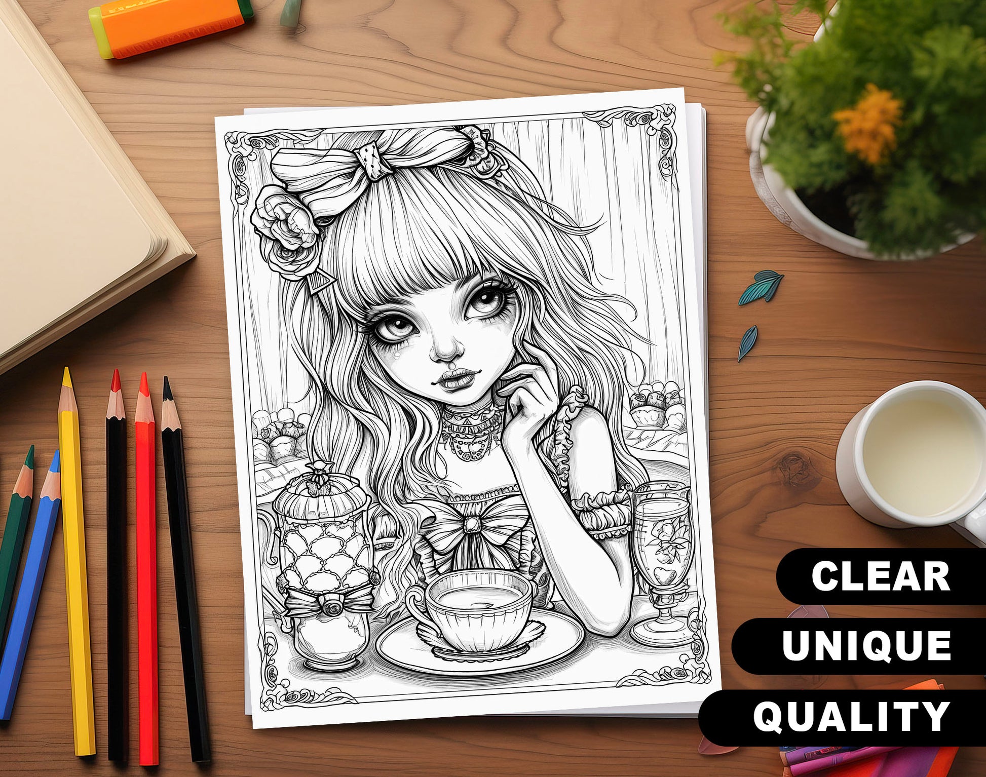 50 Classy Girl Grayscale Coloring Pages - Instant Download - Printable PDF Dark/Light – preview 3