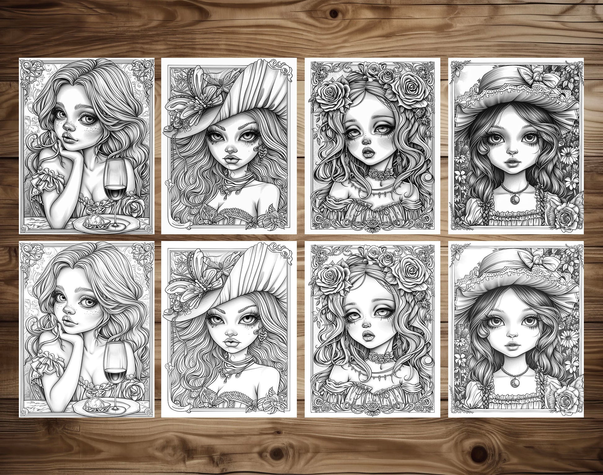 50 Classy Girl Grayscale Coloring Pages - Instant Download - Printable PDF Dark/Light – preview 6