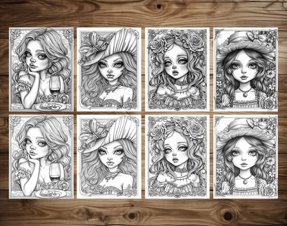 50 Classy Girl Grayscale Coloring Pages - Instant Download - Printable PDF Dark/Light – preview 6