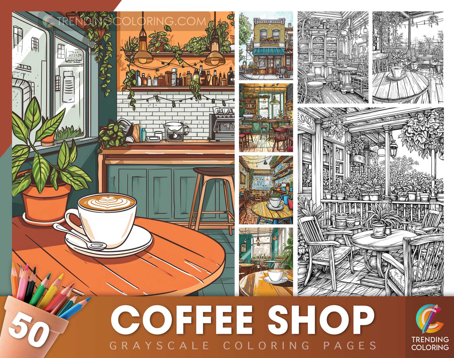 50 Coffee Shop Grayscale Coloring Pages - Instant Download - Printable PDF Dark/Light