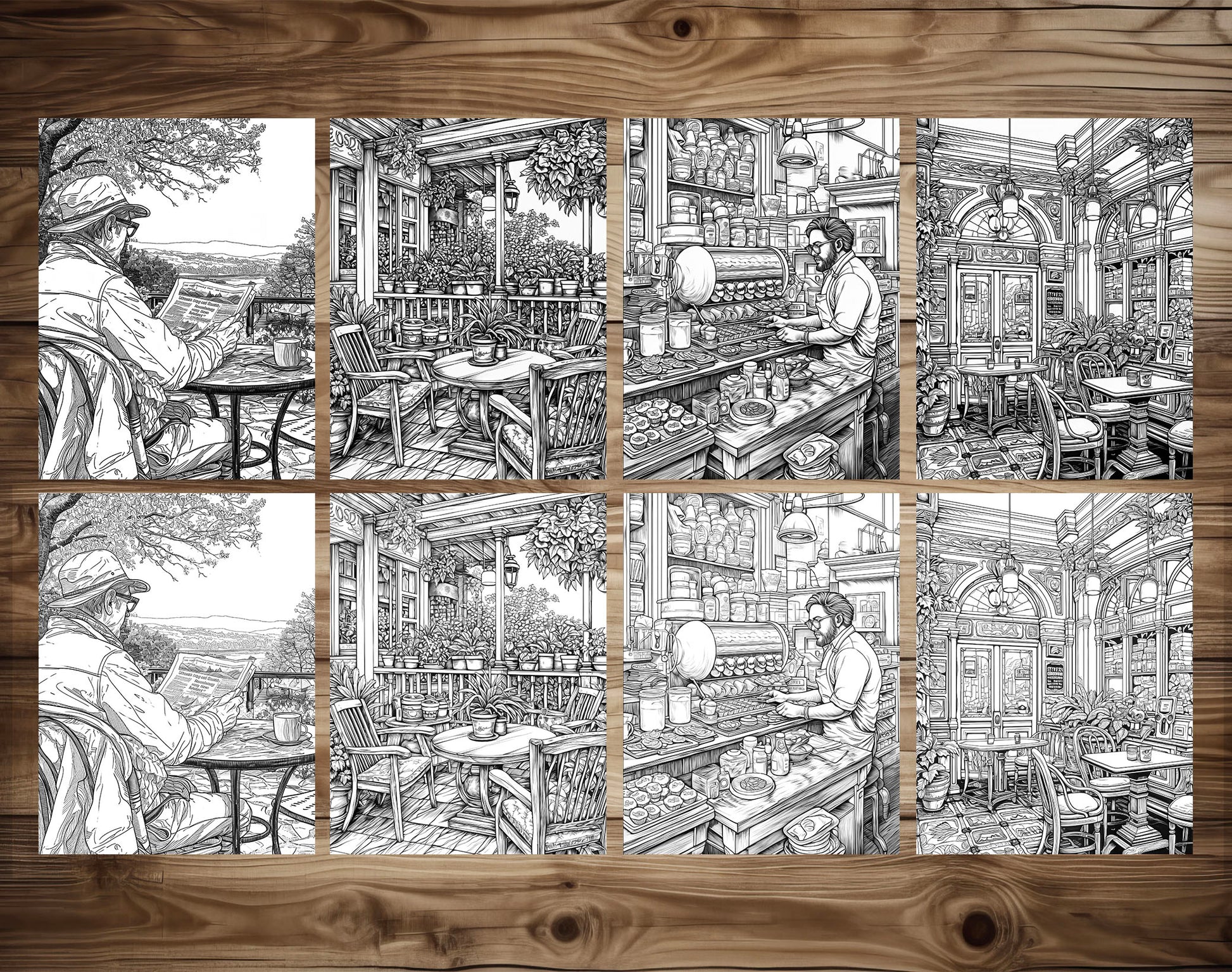 50 Coffee Shop Grayscale Coloring Pages - Instant Download - Printable PDF Dark/Light – preview 5