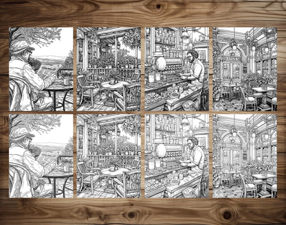 50 Coffee Shop Grayscale Coloring Pages - Instant Download - Printable PDF Dark/Light – preview 5