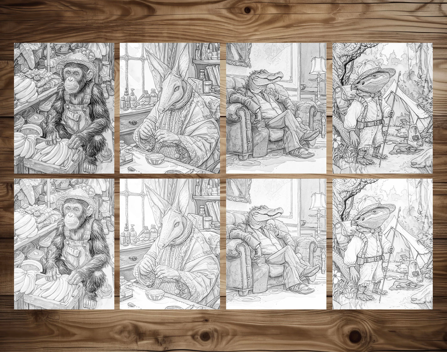 50 Daily Life Of Animal Grayscale Coloring Pages - Instant Download - Printable PDF Dark/Light – preview 6