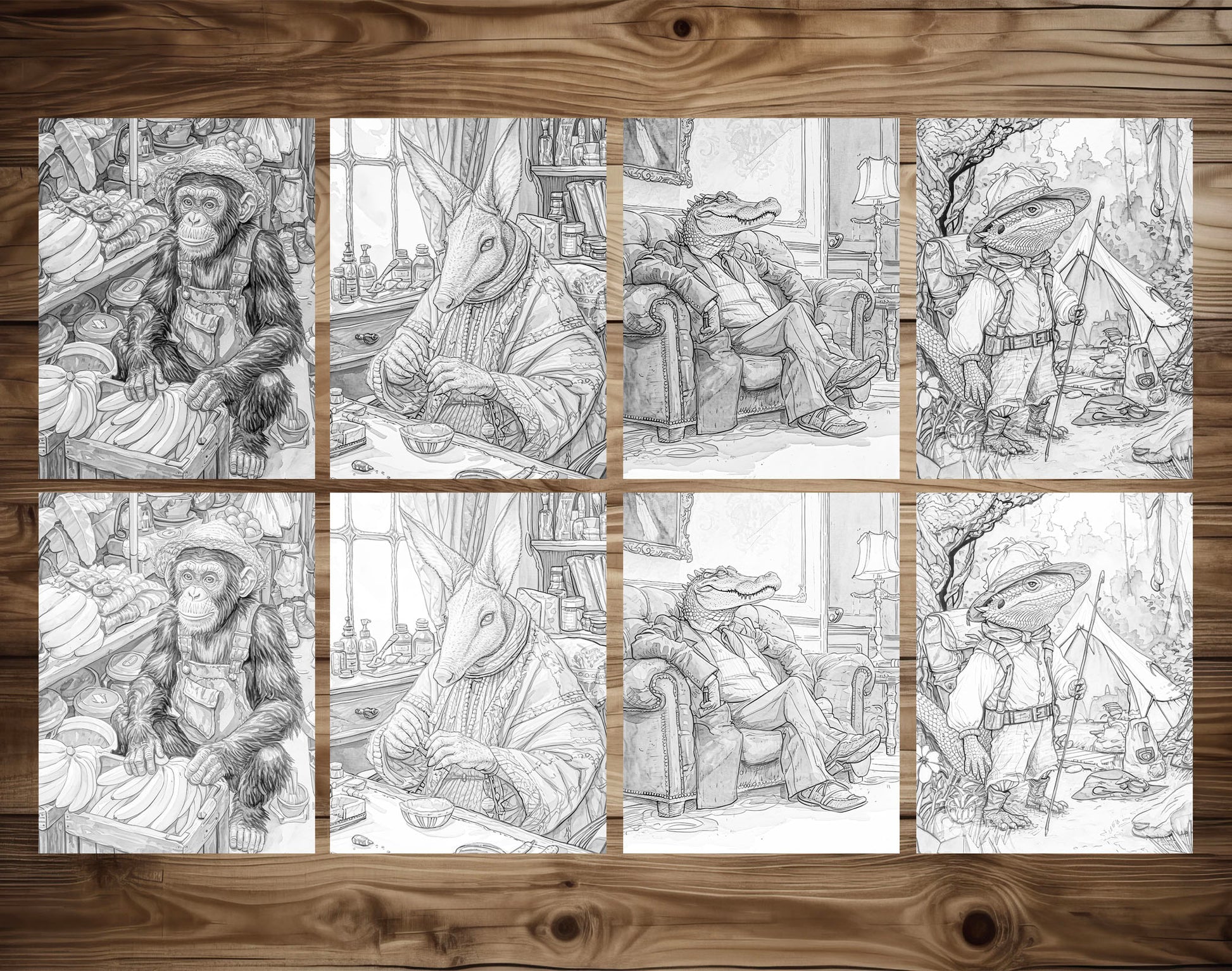 50 Daily Life Of Animal Grayscale Coloring Pages - Instant Download - Printable PDF Dark/Light – preview 6