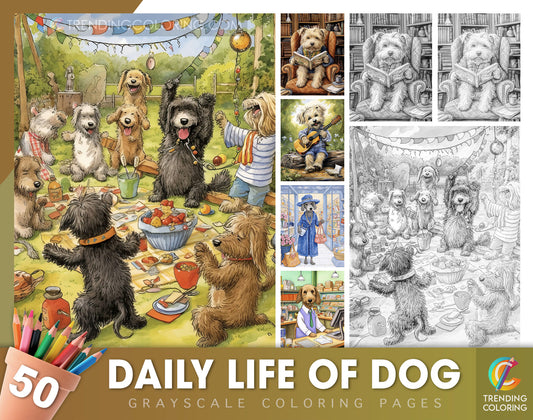 50 Daily Life Of Dog Grayscale Coloring Pages - Instant Download - Printable PDF Dark/Light