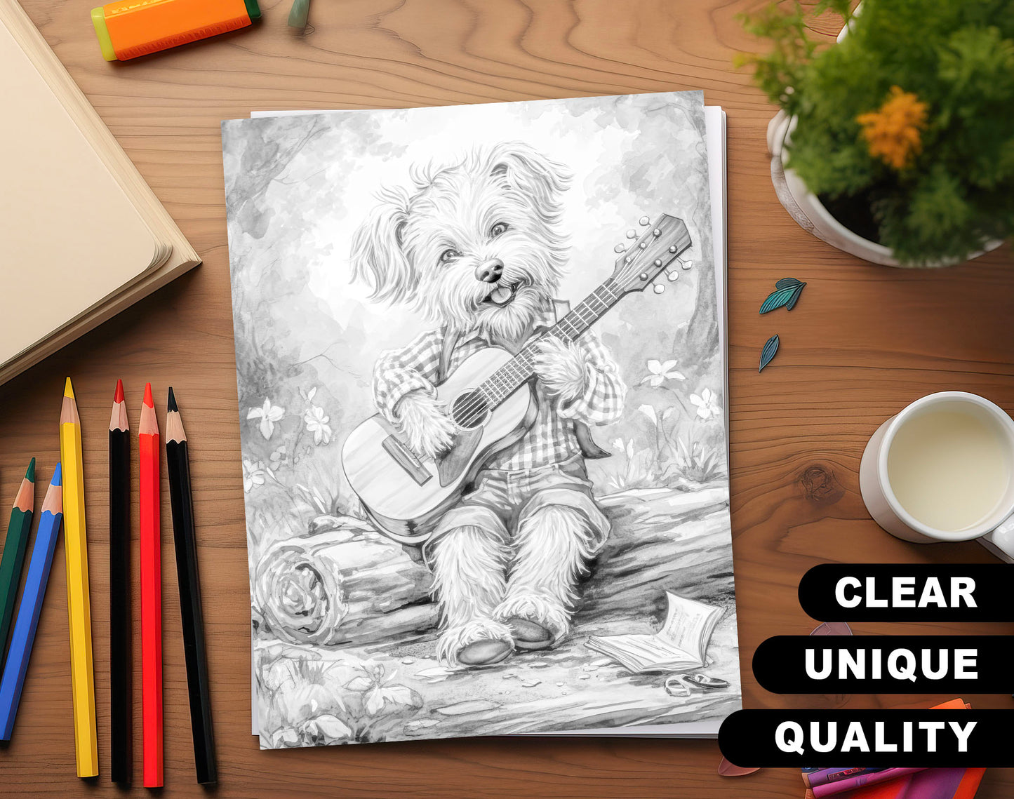 50 Daily Life Of Dog Grayscale Coloring Pages - Instant Download - Printable PDF Dark/Light – preview 3