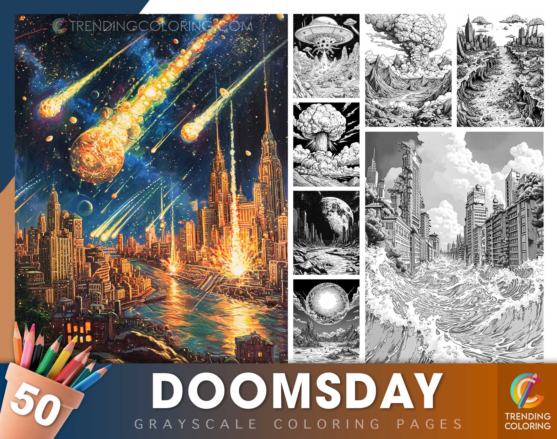 50 Doomsday Grayscale Coloring Pages - Instant Download - Printable PDF Dark/Light