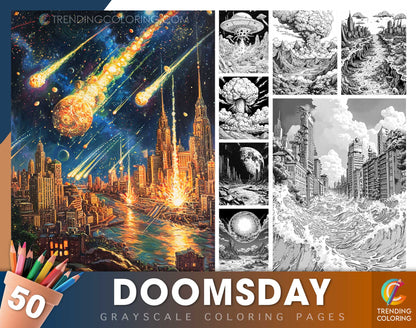 50 Doomsday Grayscale Coloring Pages - Instant Download - Printable PDF Dark/Light