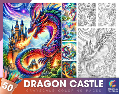 50 Dragon Castle Grayscale Coloring Pages - Instant Download - Printable PDF Dark/Light