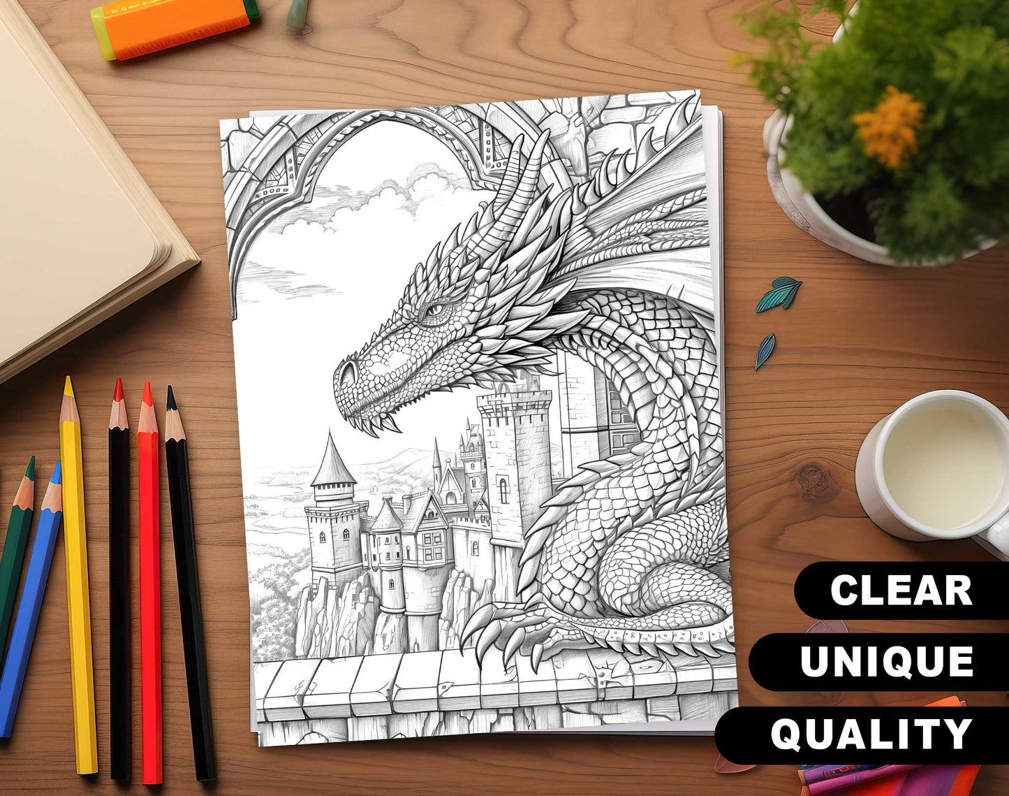 50 Dragon Castle Grayscale Coloring Pages - Instant Download - Printable PDF Dark/Light – preview 3