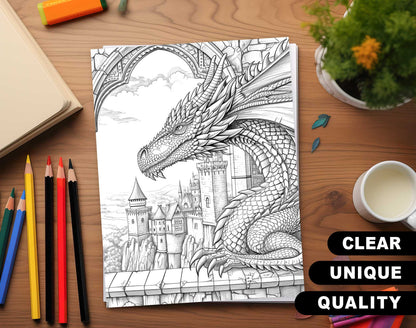 50 Dragon Castle Grayscale Coloring Pages - Instant Download - Printable PDF Dark/Light – preview 3