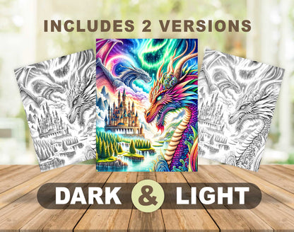 50 Dragon Castle Grayscale Coloring Pages - Instant Download - Printable PDF Dark/Light – preview 4