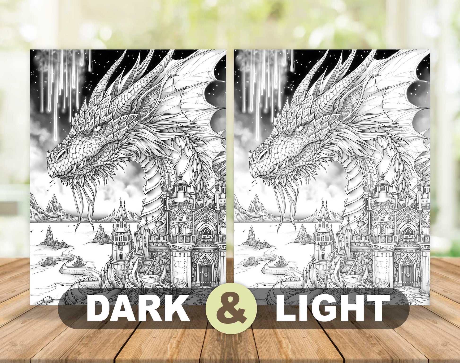 50 Dragon Castle Grayscale Coloring Pages - Instant Download - Printable PDF Dark/Light – preview 5