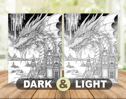 50 Dragon Castle Grayscale Coloring Pages - Instant Download - Printable PDF Dark/Light – preview 5