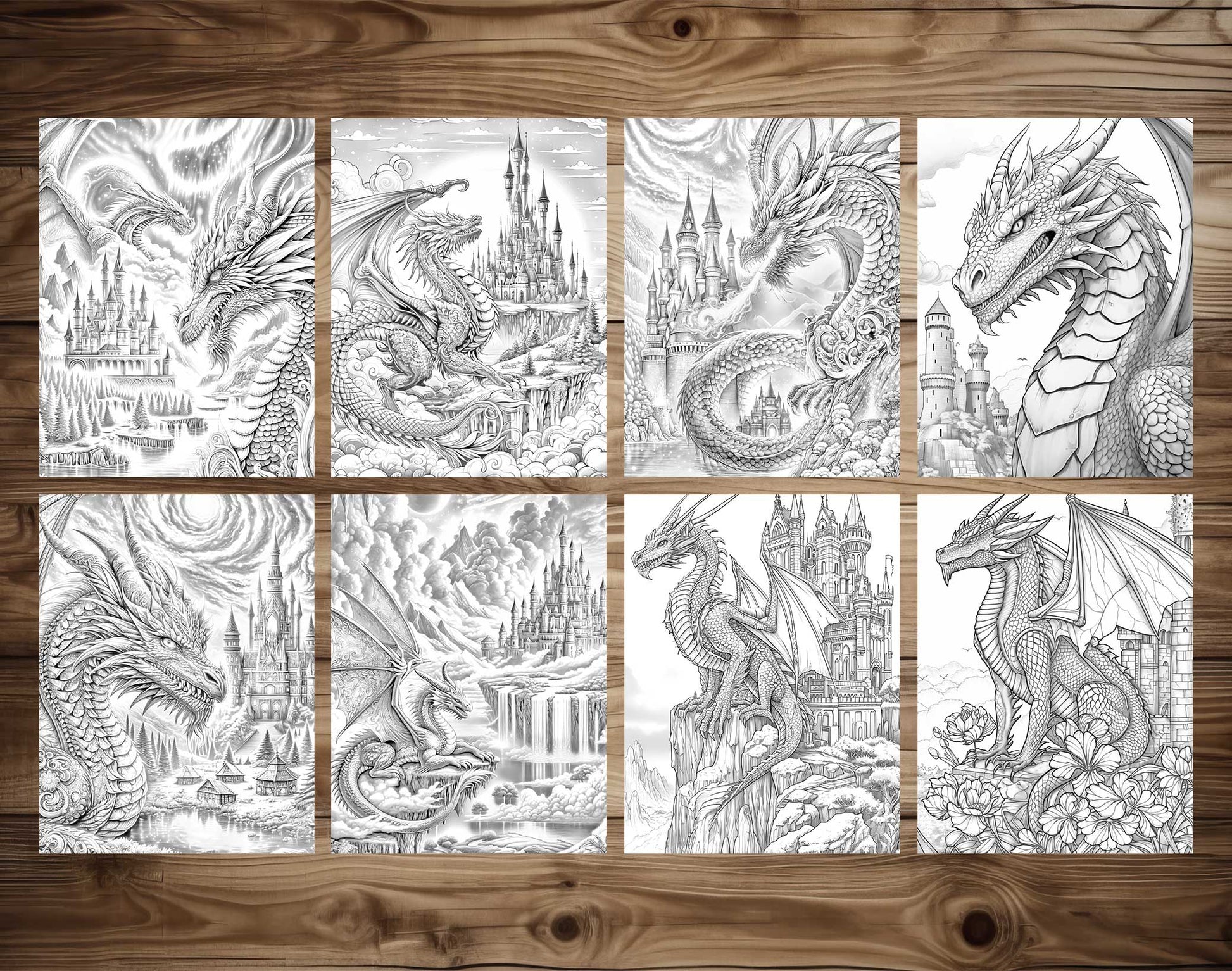 50 Dragon Castle Grayscale Coloring Pages - Instant Download - Printable PDF Dark/Light – preview 7