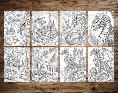 50 Dragon Castle Grayscale Coloring Pages - Instant Download - Printable PDF Dark/Light – preview 7
