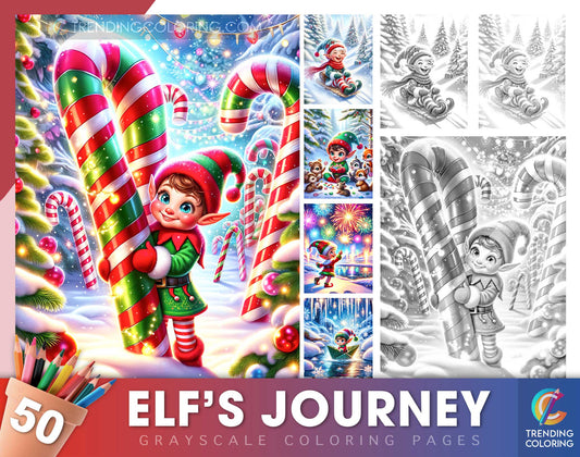 50 Elf's Journey Grayscale Coloring Pages - Instant Download - Printable PDF Dark/Light