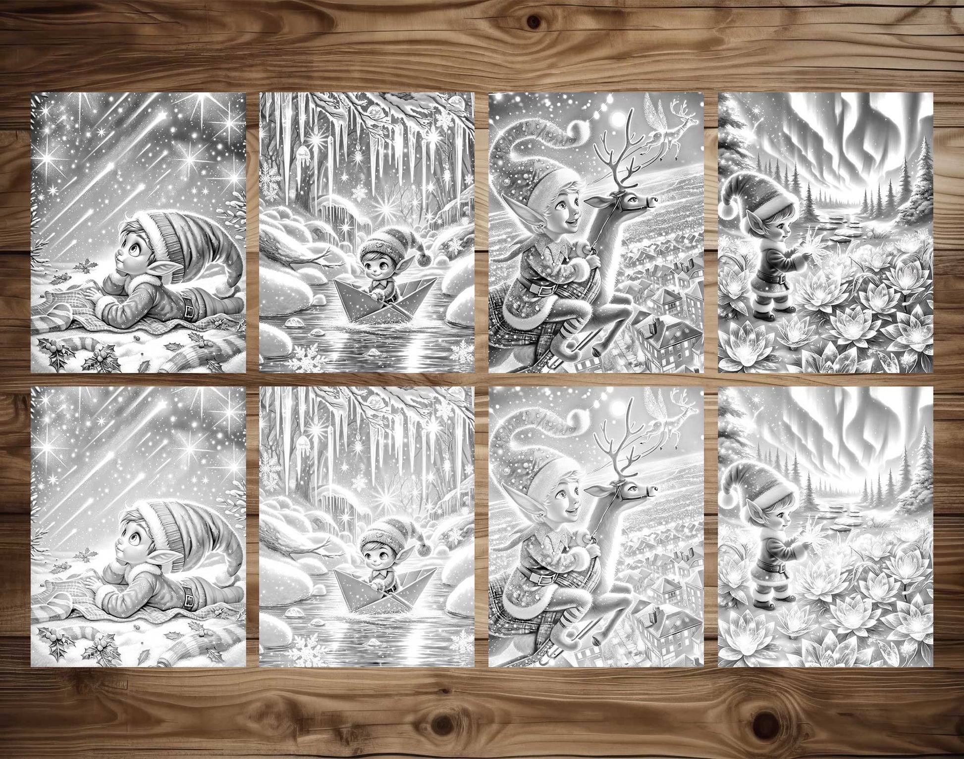 50 Elf's Journey Grayscale Coloring Pages - Instant Download - Printable PDF Dark/Light – preview 6