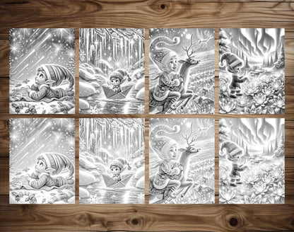50 Elf's Journey Grayscale Coloring Pages - Instant Download - Printable PDF Dark/Light – preview 6