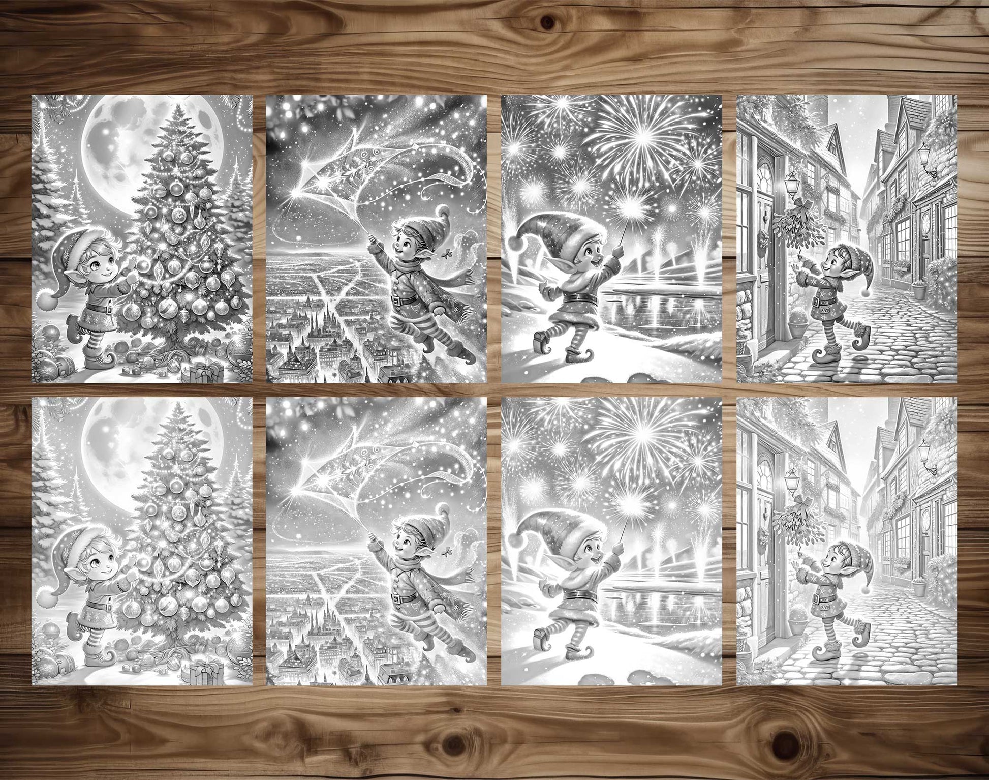 50 Elf's Journey Grayscale Coloring Pages - Instant Download - Printable PDF Dark/Light – preview 7