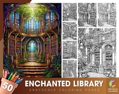 50 Enchanted Library Grayscale Coloring Pages - Instant Download - Printable PDF Dark/Light