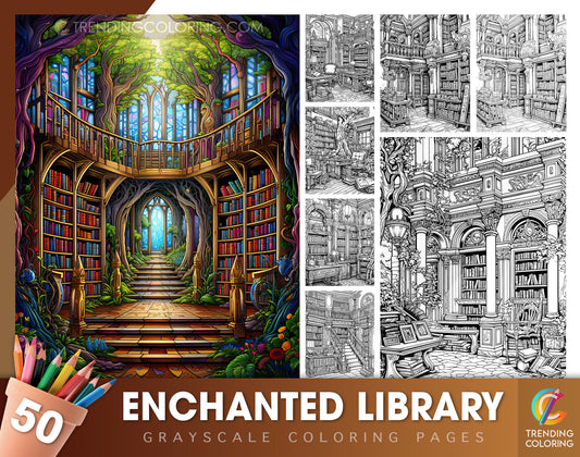 50 Enchanted Library Grayscale Coloring Pages - Instant Download - Printable PDF Dark/Light