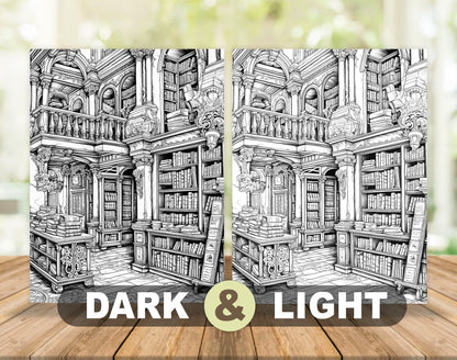 50 Enchanted Library Grayscale Coloring Pages - Instant Download - Printable PDF Dark/Light – preview 4