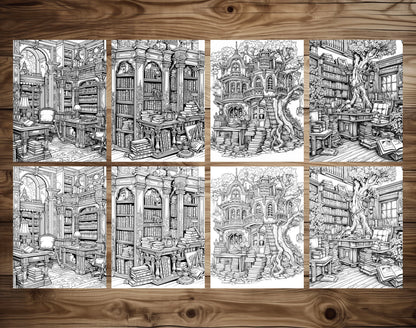 50 Enchanted Library Grayscale Coloring Pages - Instant Download - Printable PDF Dark/Light – preview 5