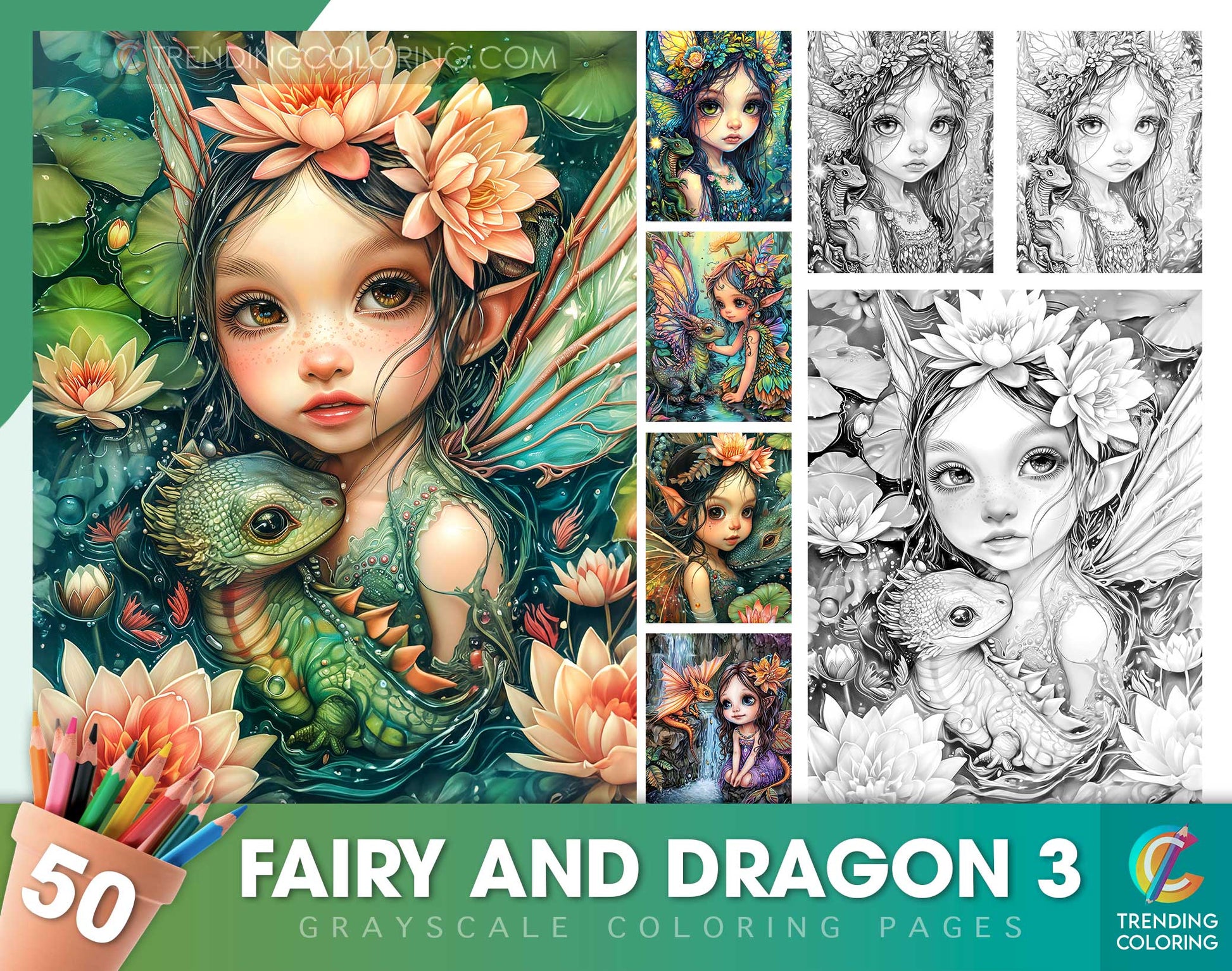 50 Fairy And Dragon 3 Grayscale Coloring Pages - Instant Download - Printable PDF Dark/Light