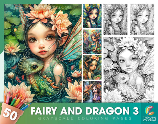 50 Fairy And Dragon 3 Grayscale Coloring Pages - Instant Download - Printable PDF Dark/Light