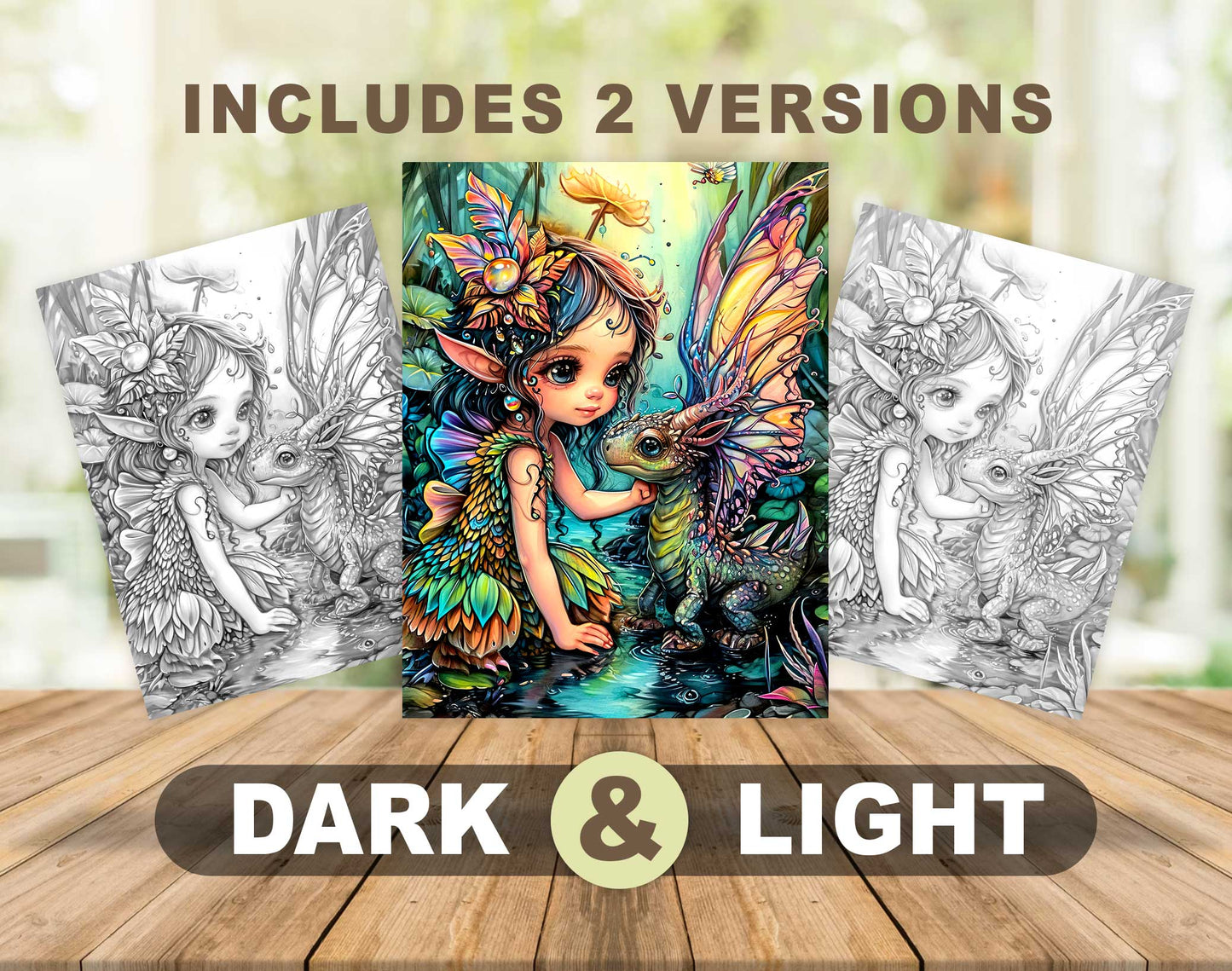 50 Fairy And Dragon 3 Grayscale Coloring Pages - Instant Download - Printable PDF Dark/Light – preview 4