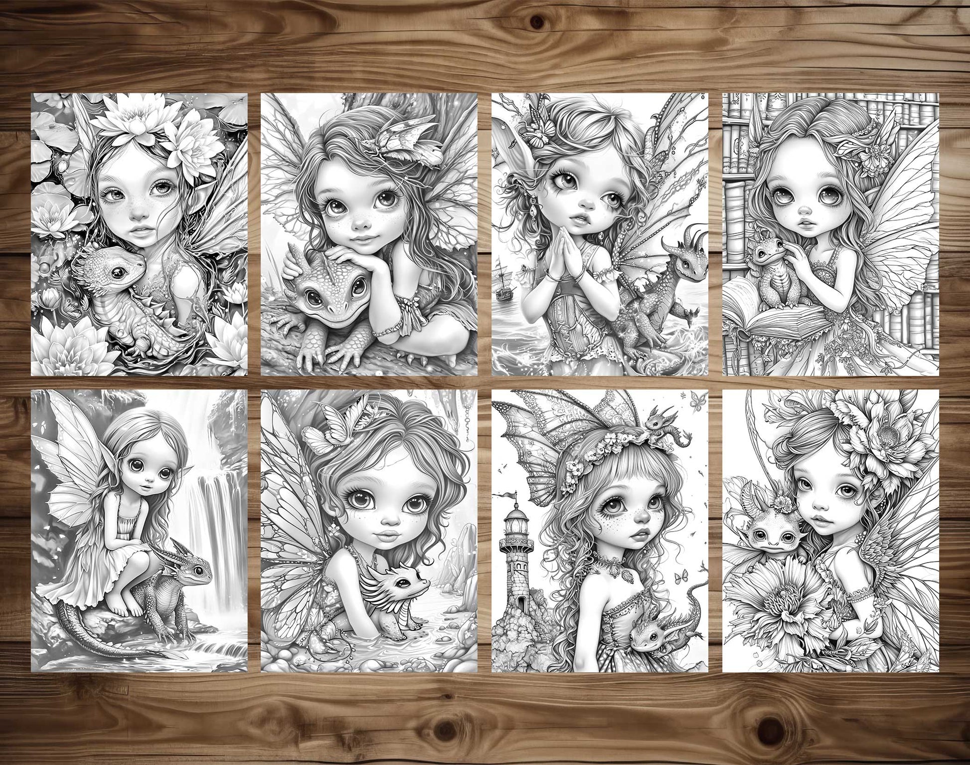 50 Fairy And Dragon 3 Grayscale Coloring Pages - Instant Download - Printable PDF Dark/Light – preview 5