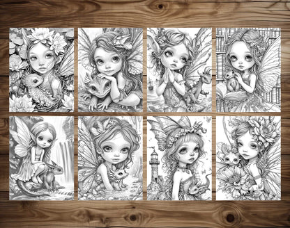 50 Fairy And Dragon 3 Grayscale Coloring Pages - Instant Download - Printable PDF Dark/Light – preview 5