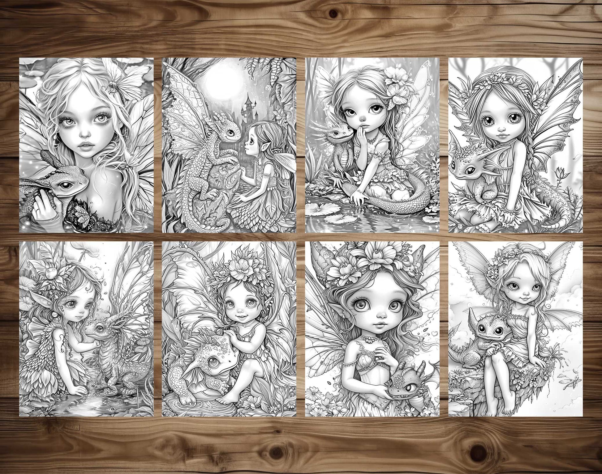 50 Fairy And Dragon 3 Grayscale Coloring Pages - Instant Download - Printable PDF Dark/Light – preview 6