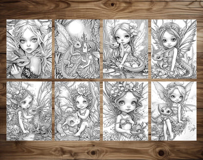 50 Fairy And Dragon 3 Grayscale Coloring Pages - Instant Download - Printable PDF Dark/Light – preview 6