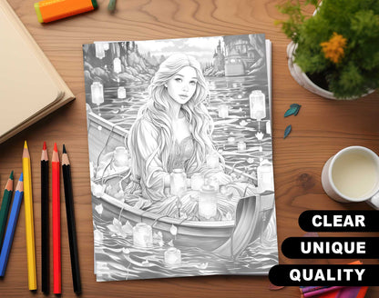 50 Fairy Tale Princess Grayscale Coloring Pages - Instant Download - Printable PDF Dark/Light – preview 3