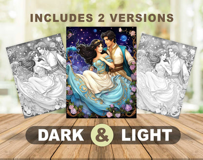 50 Fairy Tale Princess Grayscale Coloring Pages - Instant Download - Printable PDF Dark/Light – preview 4