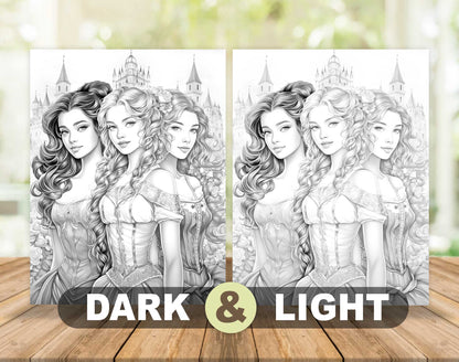 50 Fairy Tale Princess Grayscale Coloring Pages - Instant Download - Printable PDF Dark/Light – preview 5