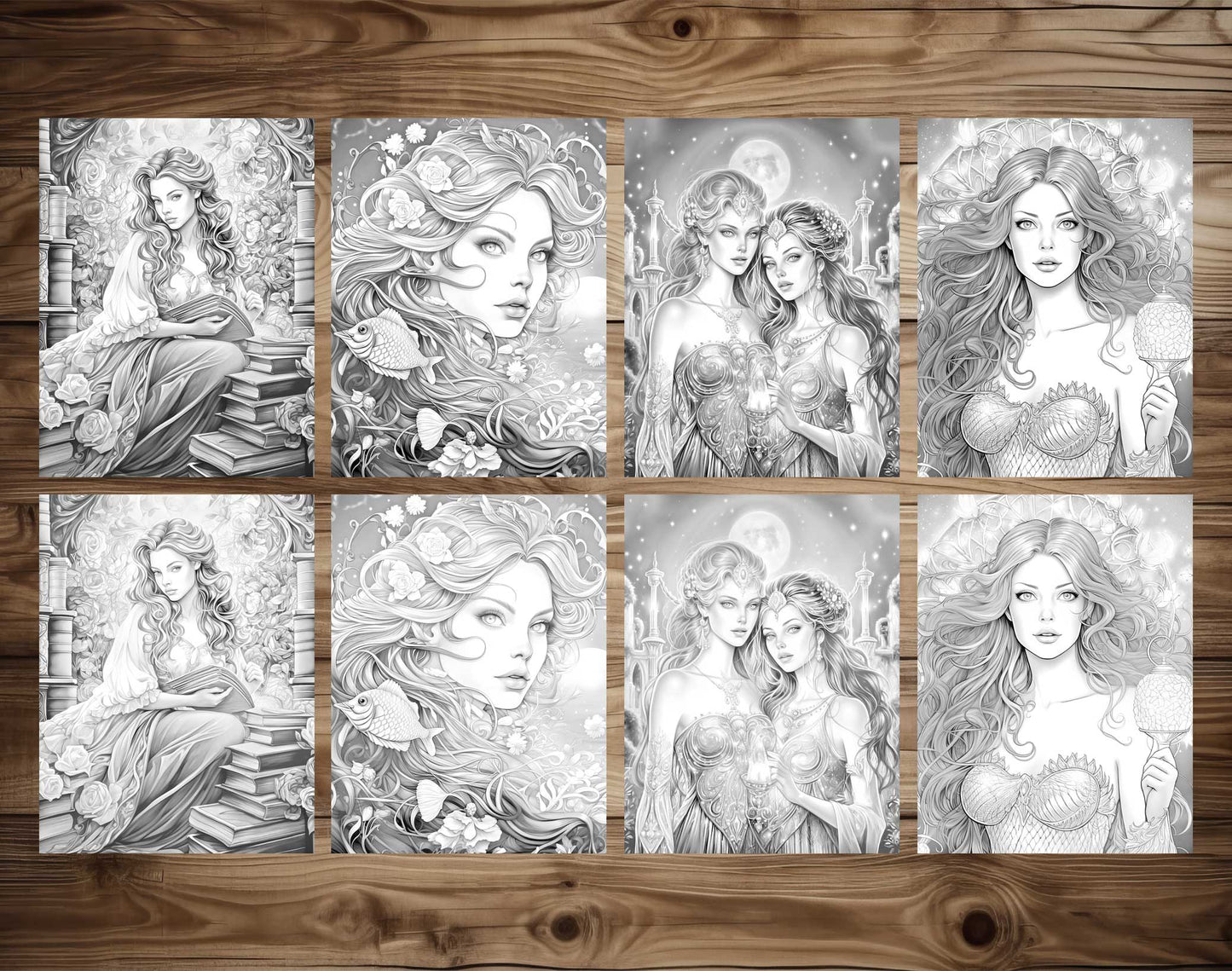 50 Fairy Tale Princess Grayscale Coloring Pages - Instant Download - Printable PDF Dark/Light – preview 6