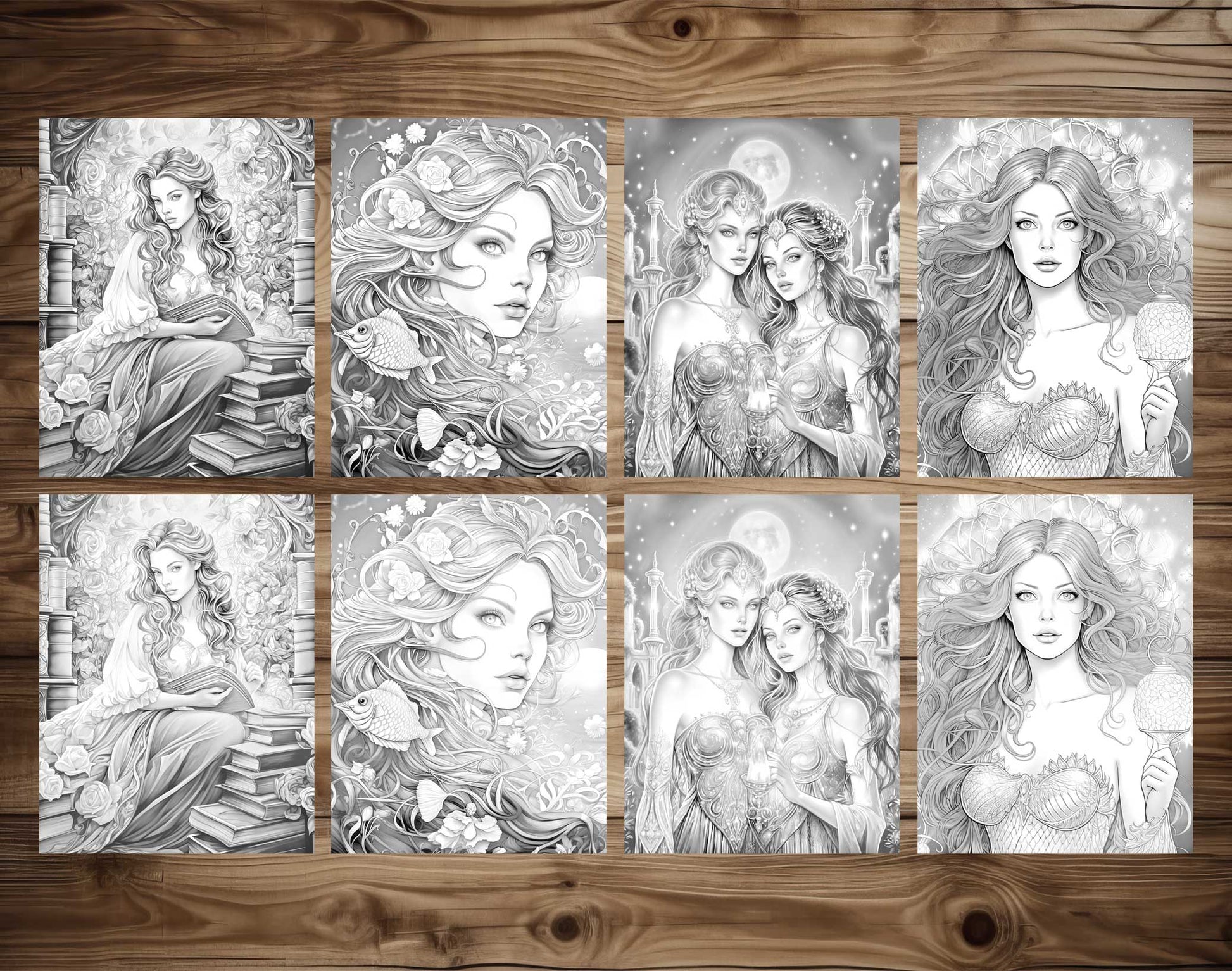 50 Fairy Tale Princess Grayscale Coloring Pages - Instant Download - Printable PDF Dark/Light – preview 6
