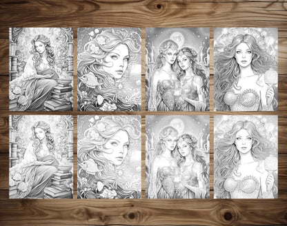 50 Fairy Tale Princess Grayscale Coloring Pages - Instant Download - Printable PDF Dark/Light – preview 6