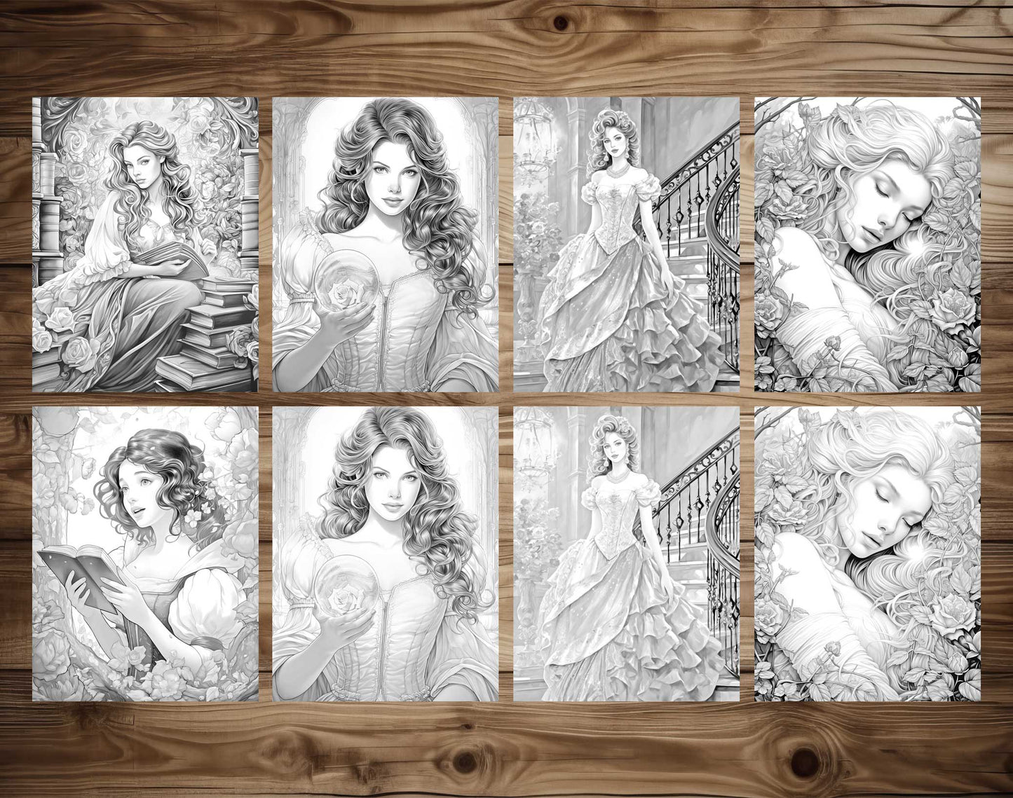 50 Fairy Tale Princess Grayscale Coloring Pages - Instant Download - Printable PDF Dark/Light – preview 7
