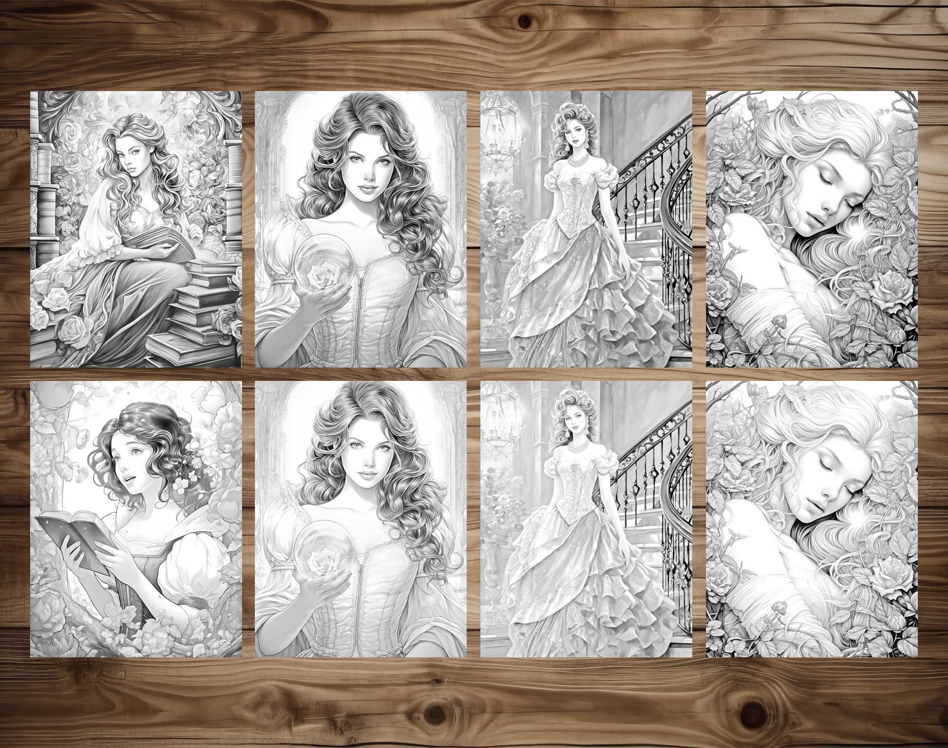 50 Fairy Tale Princess Grayscale Coloring Pages - Instant Download - Printable PDF Dark/Light – preview 7