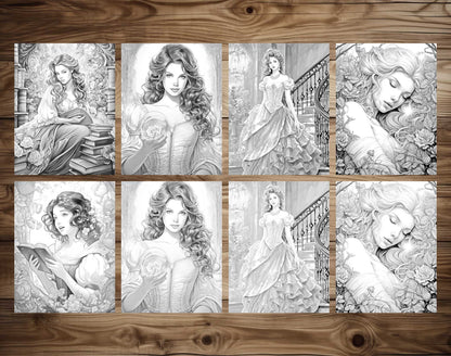 50 Fairy Tale Princess Grayscale Coloring Pages - Instant Download - Printable PDF Dark/Light – preview 7