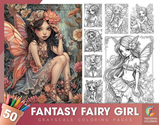 50 Fantasy Fairy Girl Grayscale Coloring Pages - Instant Download - Printable PDF Dark/Light