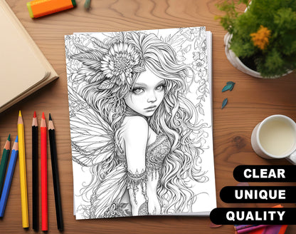 50 Fantasy Fairy Girl Grayscale Coloring Pages - Instant Download - Printable PDF Dark/Light – preview 3