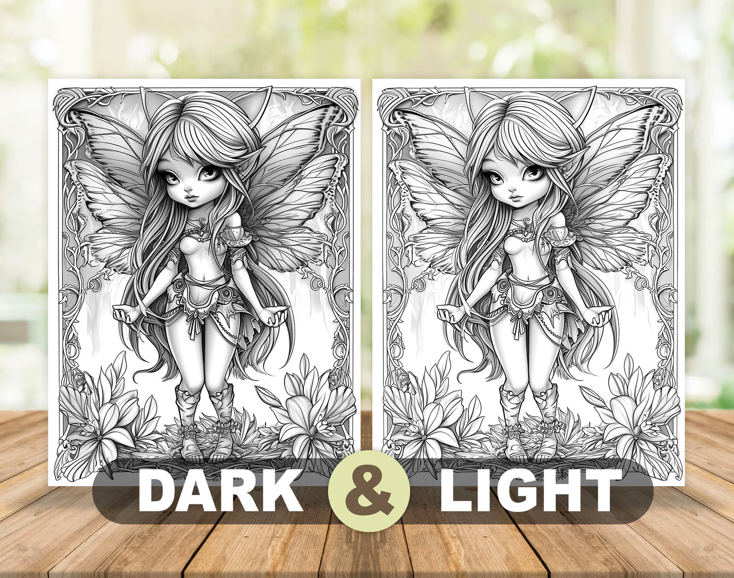 50 Fantasy Fairy Girl Grayscale Coloring Pages - Instant Download - Printable PDF Dark/Light – preview 4