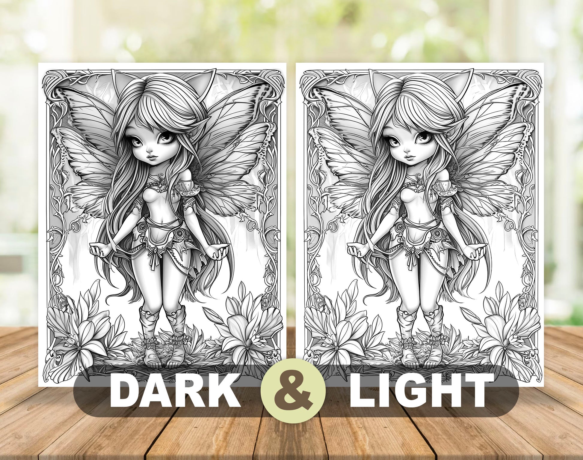 50 Fantasy Fairy Girl Grayscale Coloring Pages - Instant Download - Printable PDF Dark/Light – preview 4