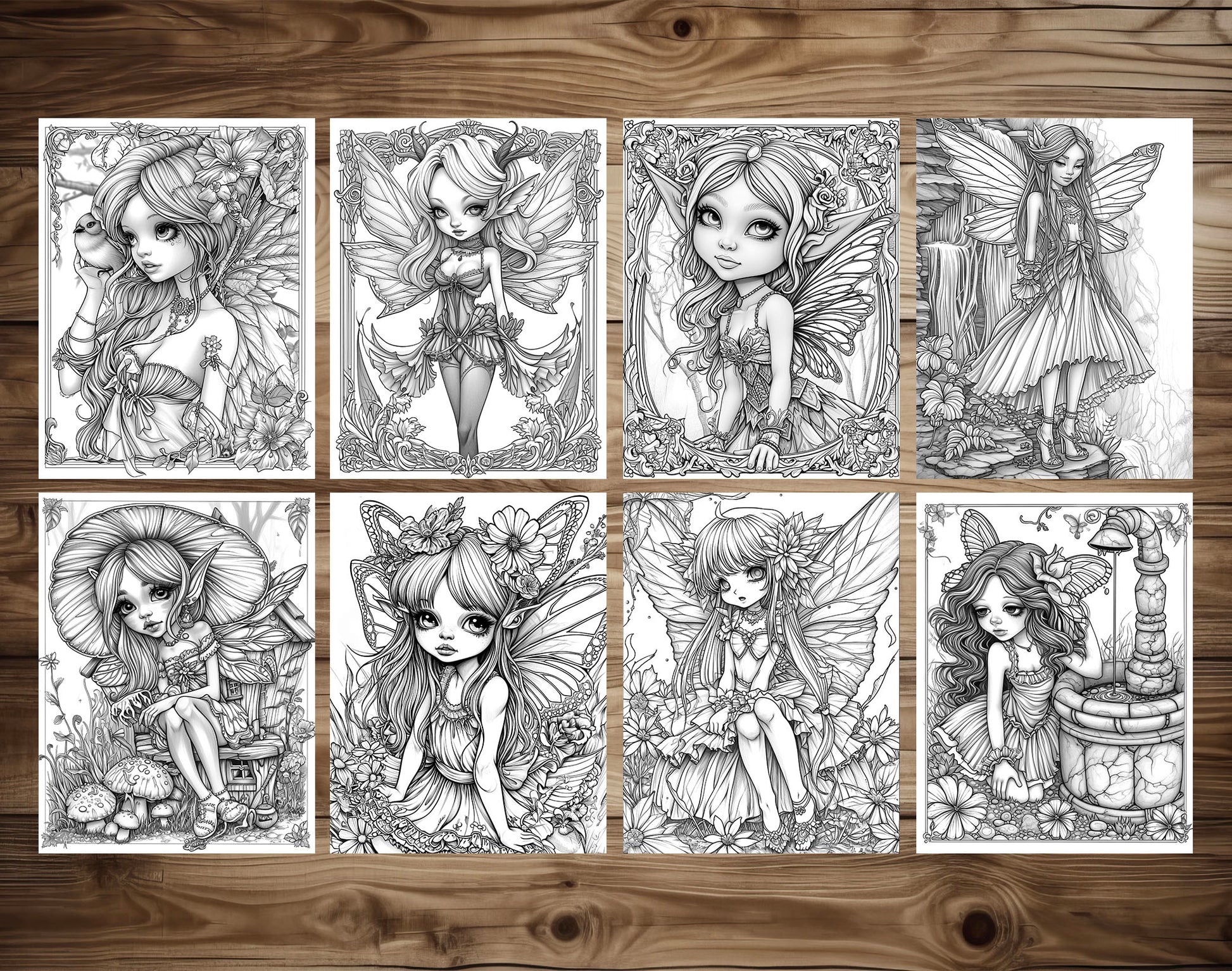 50 Fantasy Fairy Girl Grayscale Coloring Pages - Instant Download - Printable PDF Dark/Light – preview 5